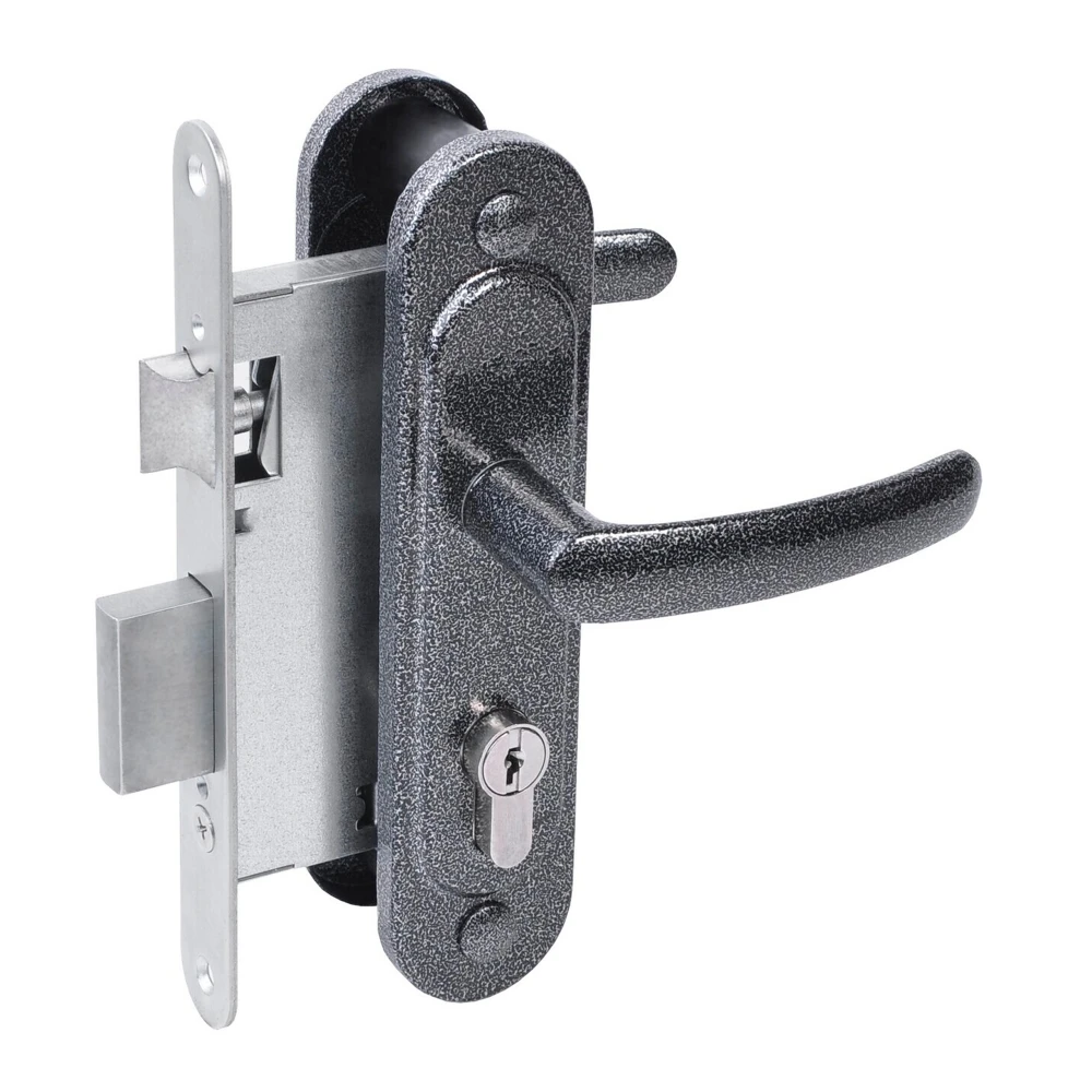 Фото Замок врезной цилиндровый с защёлкой в комплекте с ручкой ЗВ4.2-08 (серебро антик), 4 кл.