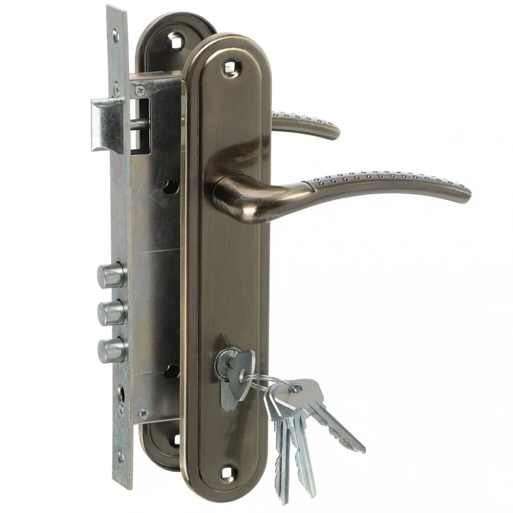 Фото Замок врезной цилиндровый с защёлкой в комплекте с ручкой ЗВ4-85.27 (ант.бронза), 4 кл.